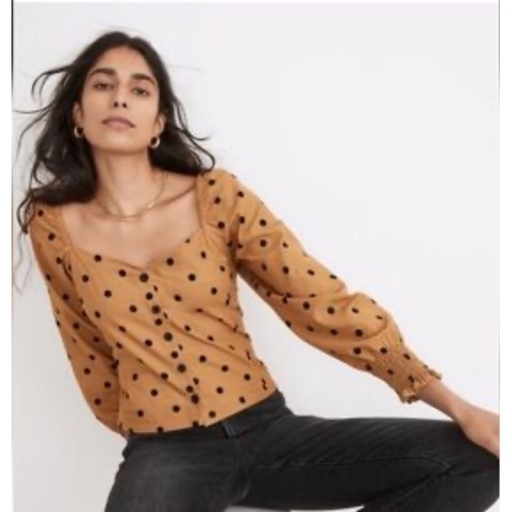 Madewell Corduroy Sweetheart‎ Smocked-Back Top in Toffee Dot Size 14 NEW